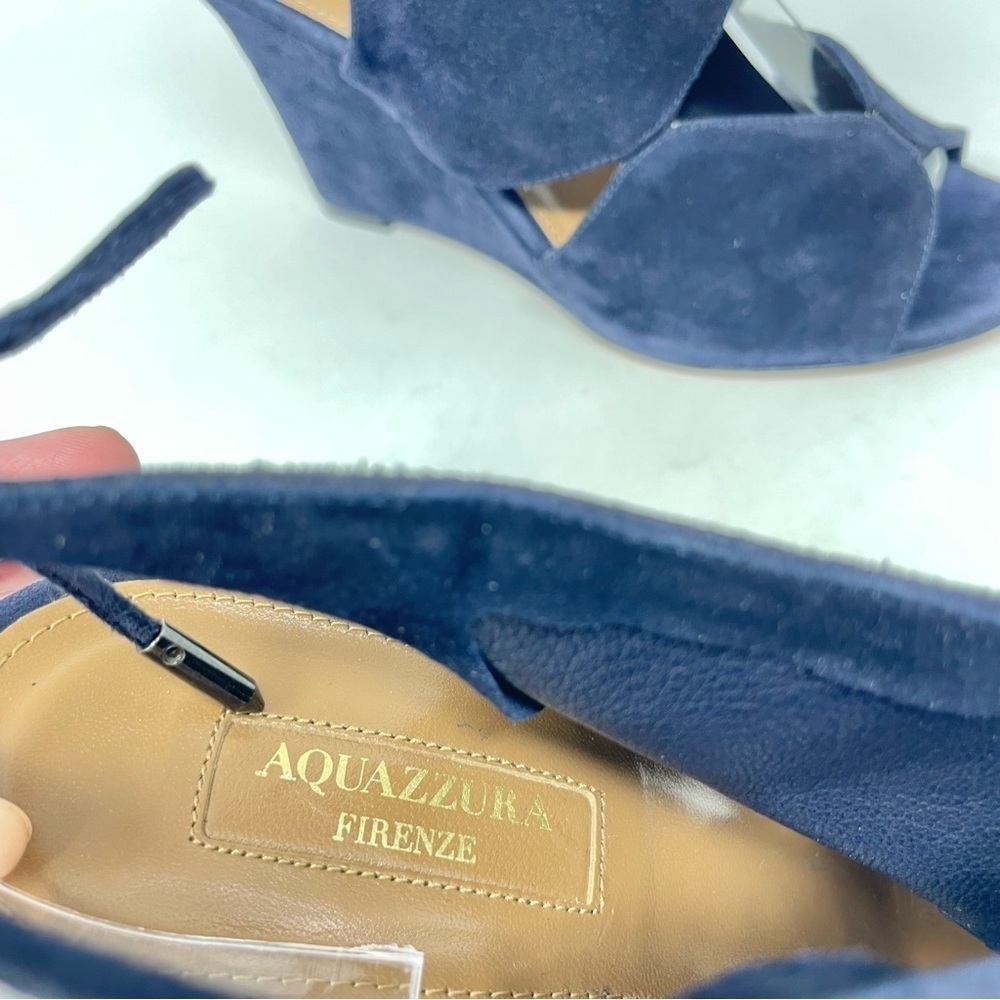 Aquazzura Iman Blue Suede Cutout Wedge Sandals Size 37.5 as seen Julianne Moore - Picture 13 of 13